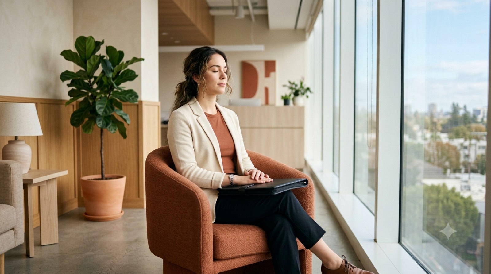 A person taking a quiet, steadying moment in a bright waiting area before an interview.
