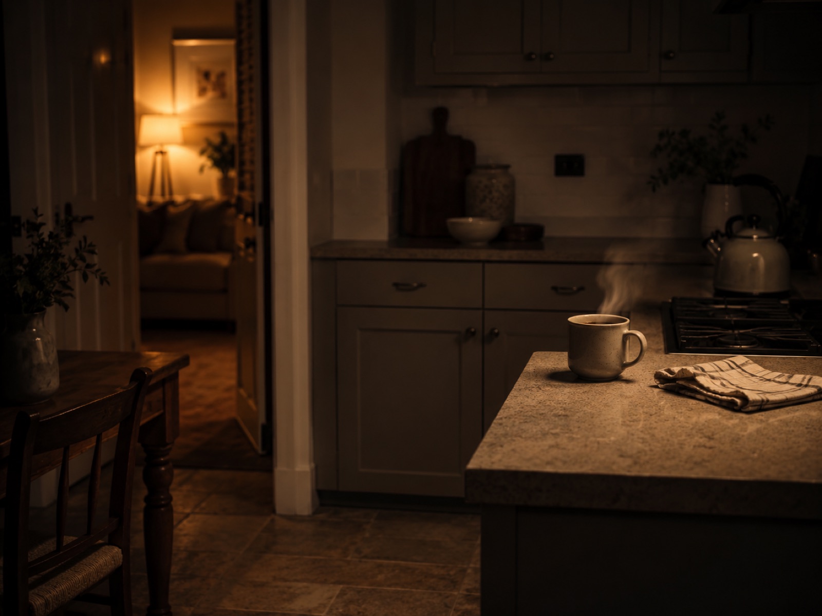 A calm, tidy kitchen in soft evening light, closed down for the night.