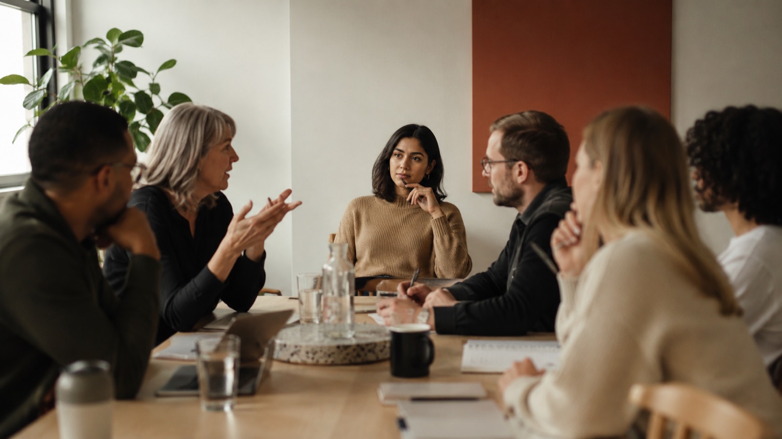 A professional in a team meeting holding back from speaking while colleagues talk around the table.