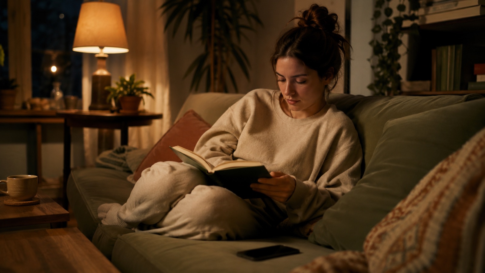 A professional winding down in the evening - screens away, calm and unhurried.