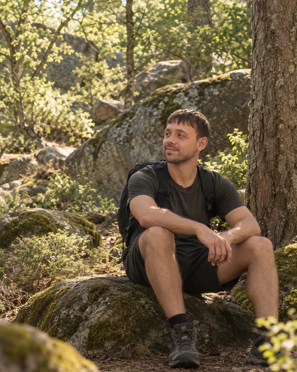 Iden sitting on a rock in a sunlit forest