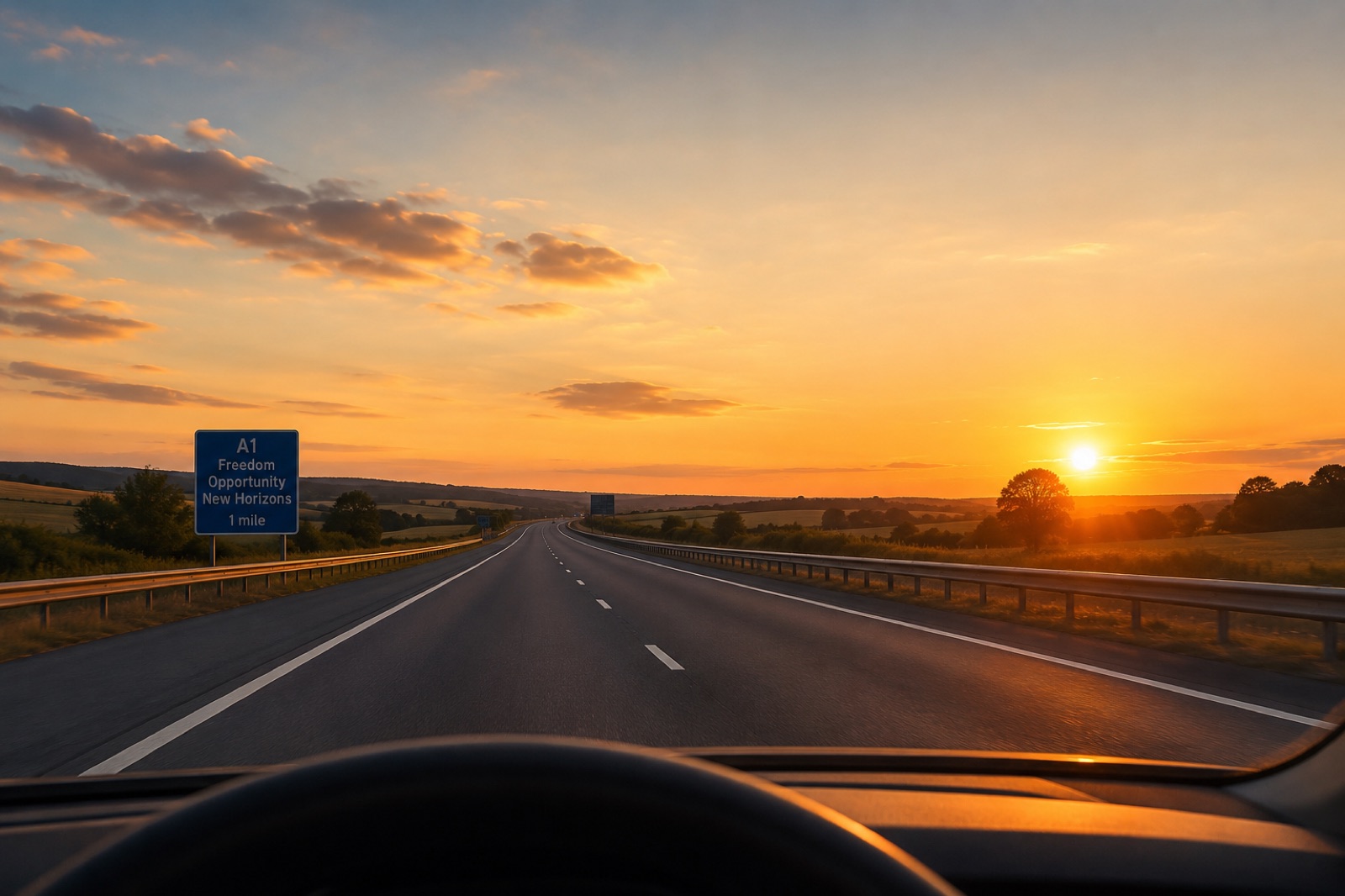 A calm, confident driver on an open motorway in clear daylight.