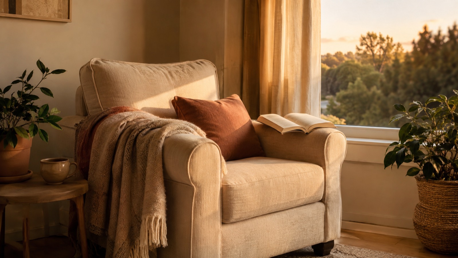 An armchair by a window with a folded blanket and an open book, in calm evening light.