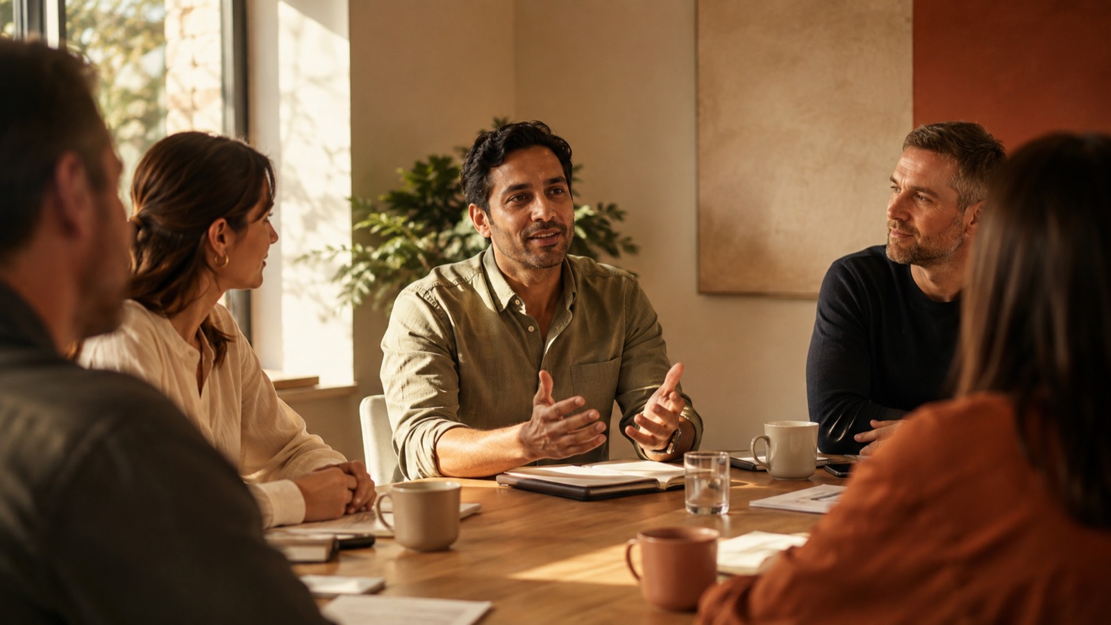 A professional speaking calmly in a meeting while colleagues listen.