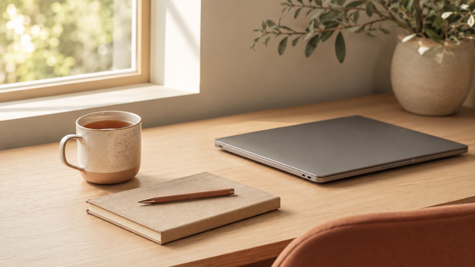 A calm desk with a cup of tea and no vape, in soft daylight.