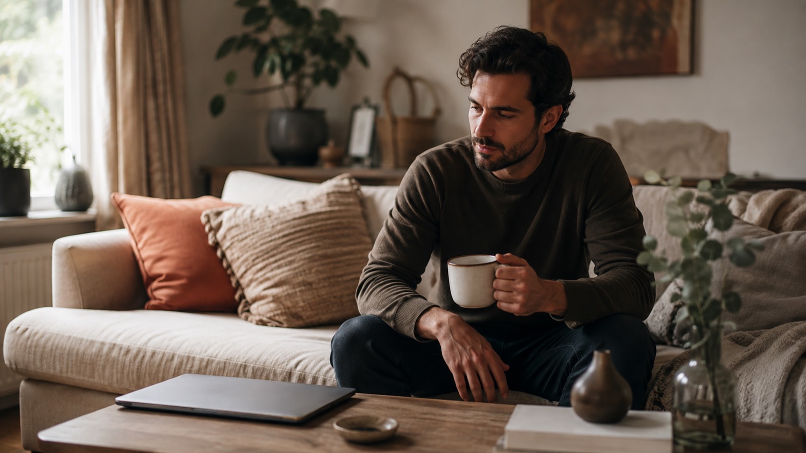 A person sitting on a sofa with a cup of tea in soft afternoon light, laptop closed beside them.